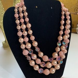 Vintage 3 strand ice pink  beaded necklace